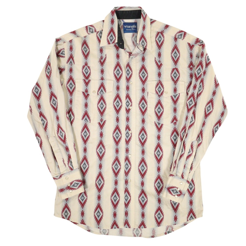 Vintage Wrangler Western Shirt Aztec Brushpopper Pearl Snap Beige Cotton Men L